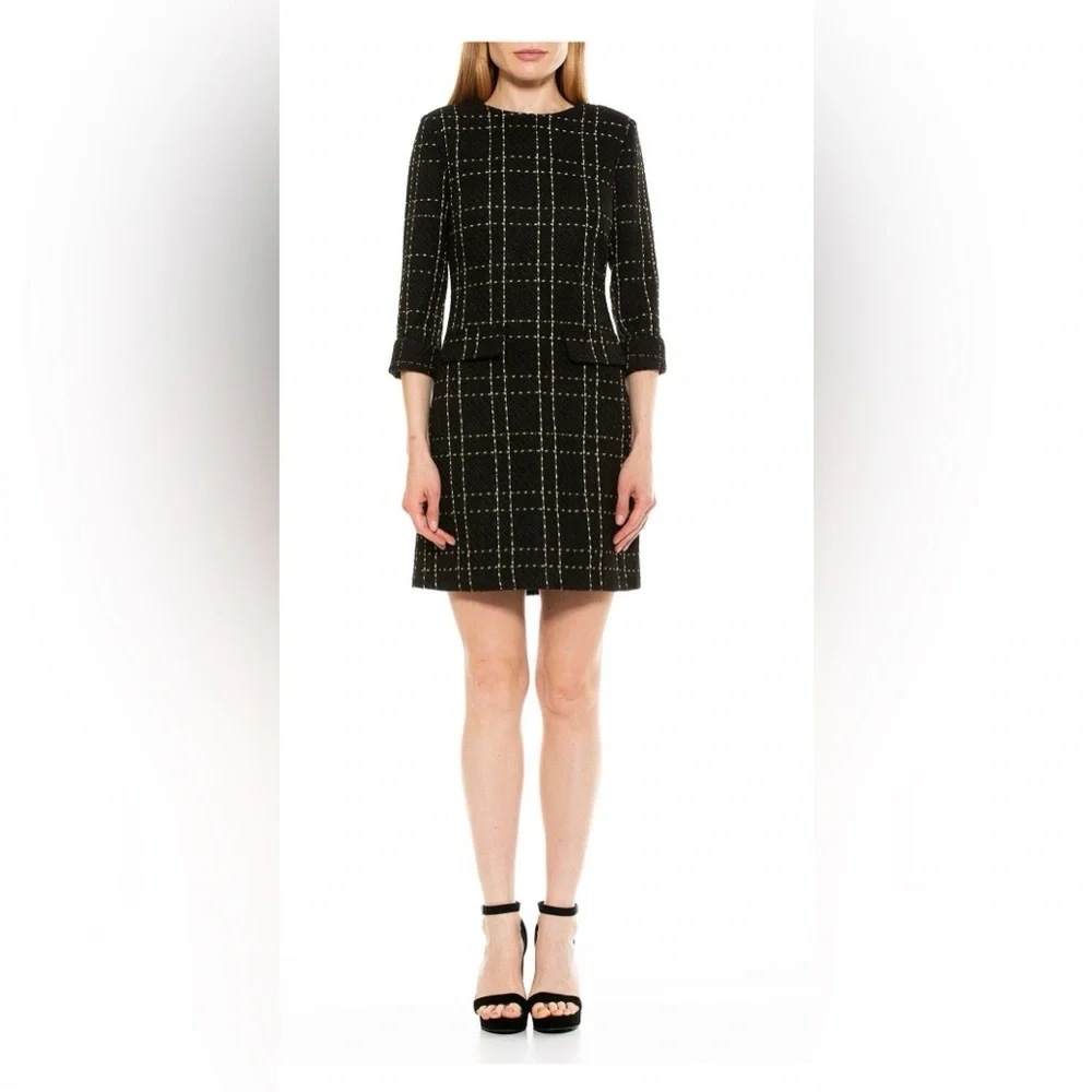 NWT Alexia Admor Windowpane 3/4 Sleeve Tweed Shift Dress - 10 - Picture 1 of 11